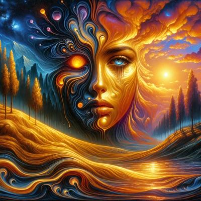 The primary subject of the image is a woman with a golden face, who appears to be crying. She is surrounded by a vibrant and colorful environment, which includes a field of trees and a sunset in the background. The visual style of the image is a combination of digital art and illustration, creating a unique and captivating scene. The colors and mood of the image are warm and emotional, with the golden face of the woman and the sunset creating a sense of depth and beauty.